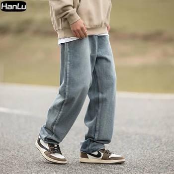 Весенне-осенние новые мужские простые однотонные джинсы, мужские моющиеся свободные брюки с прямыми штанинами большого размера