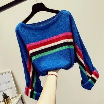 Весенне-осенний женский пуловер с круглым вырезом и разноцветной полосой, свободный свитер с подкладкой, модные повседневные топы с длинными рукавами