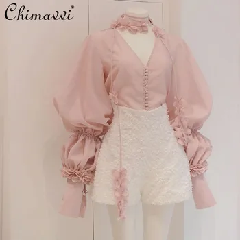 Весенне-осенняя милая рубашка с рукавами-фонариками и объемными цветами на шнуровке, розовые блузки, милые топы в стиле ретро для женщин