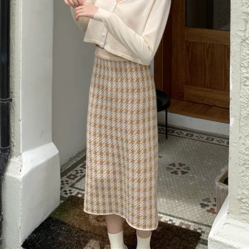 Винтажная юбка-свитер в клетку, весна-осень, женская трикотажная юбка-карандаш миди в корейском стиле, женская облегающая юбка черного цвета