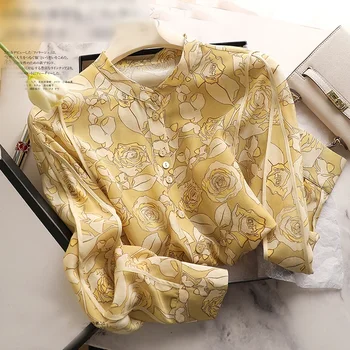 Винтажные Женские Простые рубашки с цветочным принтом 2023 Осень С длинным рукавом Свободная Однобортная блузка Офисные Повседневные топы Mujer 29971