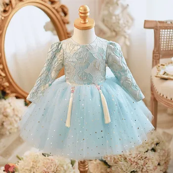 Высококачественное Синее Бальное платье для Младенцев с длинным Рукавом, Детское Платье Принцессы для Вечеринки на 1-й День Рождения на Пасху, Рождественская Одежда для Девочек