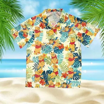 Гавайская рубашка с Винни-Пухом В стиле Диснея, Мужская рубашка на пуговицах С короткими рукавами, Модная Пляжная Футболка С коротким рукавом