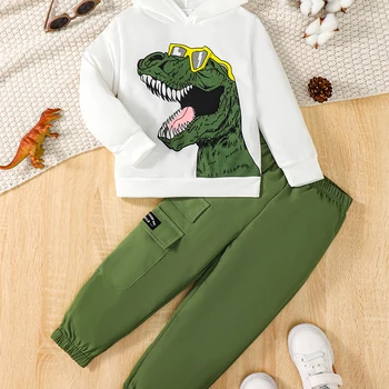 Детская толстовка с динозавром для мальчиков, топы с капюшоном с длинными рукавами, спортивные штаны, осенне-зимний комплект одежды, 2 шт.