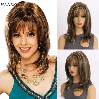 Длинные каштановые смешанные светло-золотистые синтетические парики для женщин, прямые натуральные парики с челкой, парики для косплея, термостойкие