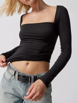 Женские короткие футболки, шикарные базовые рубашки приталенного кроя с рюшами, однотонные топы с квадратным вырезом и длинным рукавом на весну-осень, блузка, уличная одежда