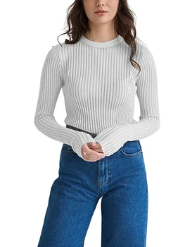 Женский трикотажный топ в рубчик, прозрачная футболка с круглым вырезом и длинным рукавом, однотонный вязаный свитер, топы-рубашки