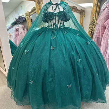 Зеленые блестящие пышные платья Бальное платье без рукавов С аппликацией из бисера 3DButterfly С накидкой Vestidos De 15 Años