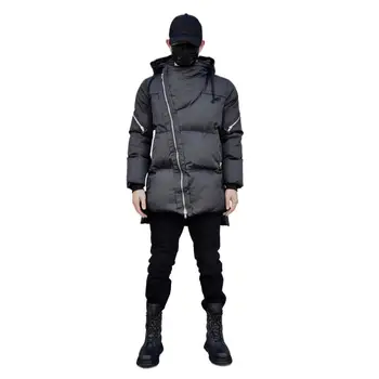 Зимняя темная куртка с диагональной молнией, асимметричный отворот, мужская куртка с хлопковой подкладкой, Утолщенная куртка с хлопковой подкладкой средней длины