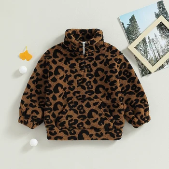 Зимняя теплая куртка для малышей, толстовка с пушистым длинным рукавом и леопардовым принтом, детское пальто, верхняя одежда