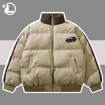 Зимняя утепленная куртка Мужская, свободная, со стоячим воротником, ветровка в стиле пэчворк, зимние хлопковые парки с хлопковой подкладкой, верхняя одежда в стиле хип-хоп