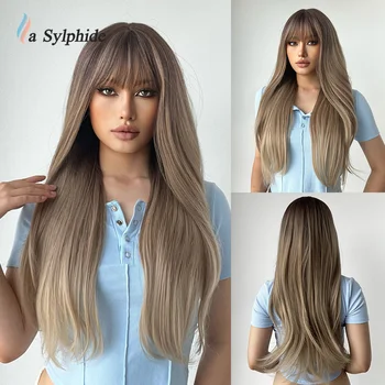 Каштановый парик La Sylphide Омбре с челкой, длинные прямые синтетические парики хорошего качества для женщин, повседневный парик из натуральных волос