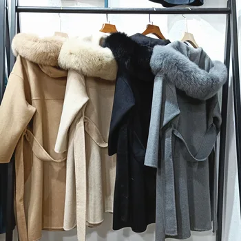 Классическое длинное женское пальто из натуральной шерсти с капюшоном из натурального лисьего меха, кардиган свободного кроя оверсайз, пальто casacos de inverno feminino