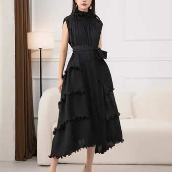Классическое Женское платье в Складку Большого Размера Miyake Плиссированное 2023 года с Европейским Модным Дизайном, Универсальное платье На шнуровке Без рукавов