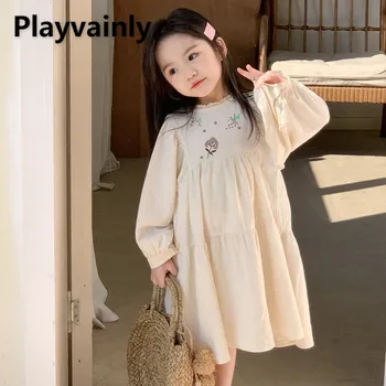 Корейский стиль, Новое весенне-осеннее детское платье для девочек с вышивкой, круглый воротник, Длинные рукава, Свободные платья принцессы, H1660