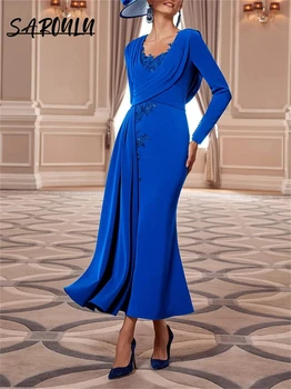 Королевское синее кружевное платье с аппликацией для матери Невесты, Русалка чайной длины, элегантные свадебные платья для гостей, вечернее платье