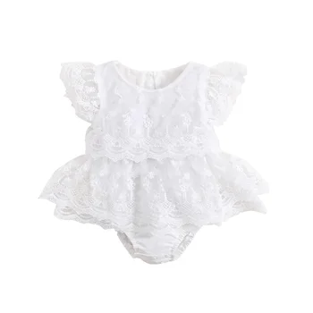 Кружевное платье-ползунки для новорожденных девочек, рукава с рюшами, платья-пачки с бабочкой, повязка на голову, цветочная вышивка, наряды в стиле бохо