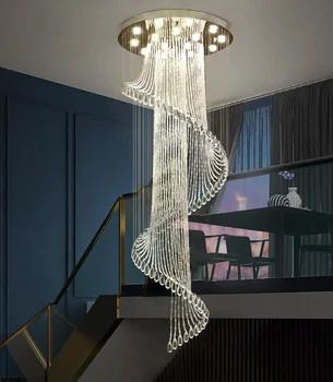 Лестничная люстра Современный минимализм и великолепная вилла Лофт с полой высотой Вращающаяся хрустальная Двухуровневая напольная люстра для гостиной
