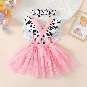 Летнее платье-ползунки для маленьких девочек, фатиновый комбинезон в стиле пэчворк с развевающимися рукавами и принтом коровы, повязка на голову