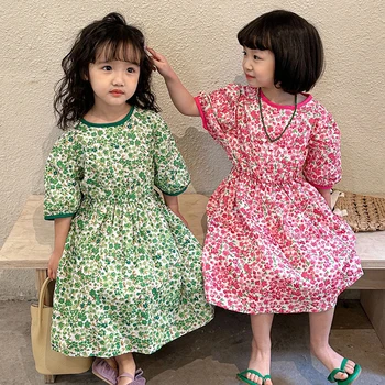 Летняя детская одежда, детские платья на День рождения, хлопковое платье принцессы с короткими рукавами и цветочным принтом для девочек от 1 до 8 лет