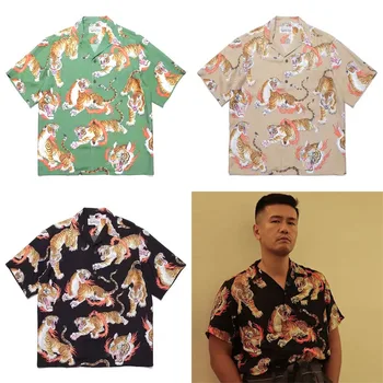 Лучшее качество Короткая рубашка WACKO MARIA с принтом Flame Tiger Для мужчин и женщин в стиле хип-хоп, пляж на Гавайях, Отдых на море, повседневная футболка