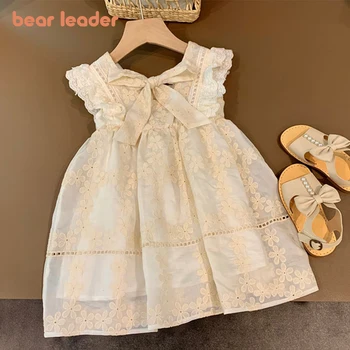 Модное платье для девочек Bear Leader 2023, Новое летнее платье принцессы с милым бантом и цветочной вышивкой, платье без рукавов с оборками по краю