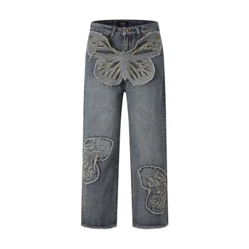 Модные джинсовые брюки в стиле хип-хоп с вышивкой бабочкой, уличная одежда свободного кроя, джинсовые брюки Y2K, мешковатые винтажные штаны