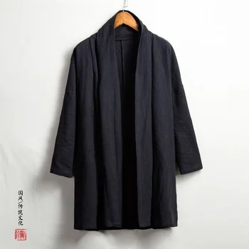 Мужская Высококачественная Хлопковая Льняная Длинная куртка в китайском Стиле Kongfu Coat Мужское Свободное Кимоно Кардиган Пальто