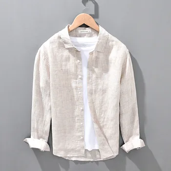Мужская рубашка Весенне-осенняя льняная дышащая рубашка с квадратным воротником и длинными рукавами, свободная рубашка большого размера