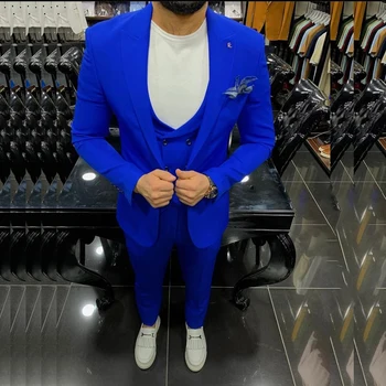 Мужские костюмы королевского синего цвета с отворотом, Однобортный плоский деловой пиджак из 3 предметов, Брюки, жилет, Приталенный элегантный блейзер