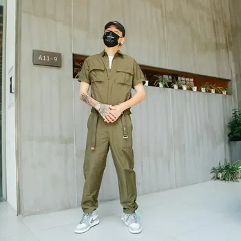 Мужские летние японские винтажные цельнокроеные брюки, брюки-карго, свободный повседневный трендовый комбинезон с отложным воротником и короткими рукавами