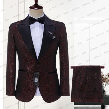 Мужские свадебные костюмы 2023 итальянского дизайна, красно-черный жаккард, сшитый на заказ, повседневный деловой смокинг для курения, куртка, брюки, комплект из 2 предметов, Жених