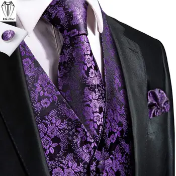 Мужской жилет Hi-Tie из фиолетового шелка с цветочным рисунком, Комплект галстуков, Жаккардовый жилет, куртка без рукавов, галстук-носовой платок, Запонки, Свадебный деловой подарок