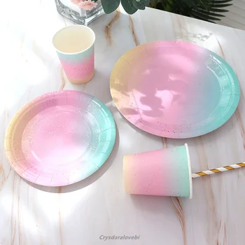 Набор одноразовой посуды цвета радужного градиента, украшающий бумажную тарелку, чашку-соломинку для свадьбы, Дня рождения.