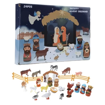Набор рождественских календарей для рождественской сцены, 24 дня рождественской сцены, обратный отсчет по христианскому религиозному календарю