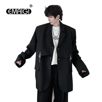 Нишевый дизайнерский костюм с кожаной пряжкой, пальто, мужская Корейская уличная одежда, модные Свободные повседневные Винтажные блейзеры, куртка, Весенне-осенняя одежда