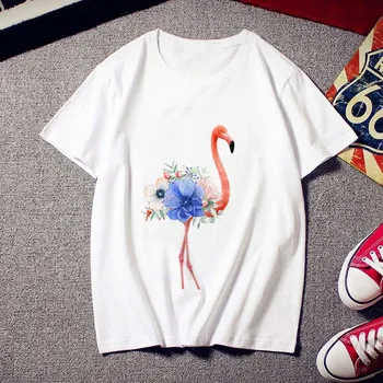 Новая летняя футболка Женская Harajuku С принтом Фламинго, Повседневная Модная футболка С круглым вырезом, Белые топы, Женская одежда, Футболка с коротким рукавом