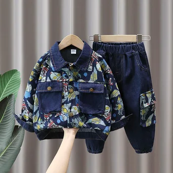 Новые весенне-осенние комплекты одежды для маленьких мальчиков, детская ультрачеловеческая джинсовая куртка + брюки, 2 шт./компл., хлопковая детская одежда, спортивные костюмы для малышей