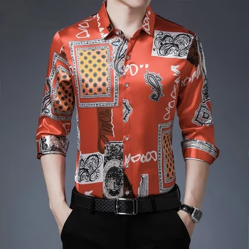 Новые мужские Шелковые рубашки с цветочным принтом 2020 года, Винтажные модели, Печатающие Мужские Атласные Шелковые платья, Рубашки с длинным рукавом, Шелковая одежда