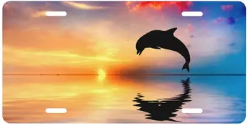Номерной знак, изображающий прыгающего дельфина, силуэты животных на закате, декоративная автомобильная бирка 12 