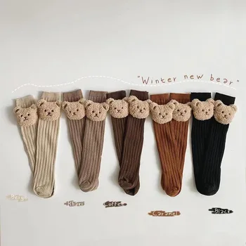 Носки для малышей с милым плюшевым мишкой 2023, Осенний Мягкий детский вязаный носок Ealstic, гетры до колена, Носки для девочек и мальчиков