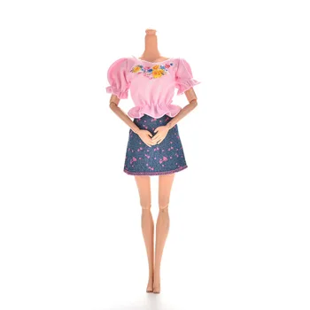 Одежда для куклы, Летнее платье для куклы с коротким рукавом и цветочным принтом, мини-джинсовая юбка принцессы для куклы, 1 комплект = 1 юбка + 1 футболка
