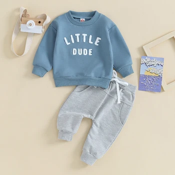 Одежда для маленьких мальчиков из 2 предметов, толстовка с длинными рукавами и эластичными штанами с вышивкой буквами, осенняя одежда для малышей