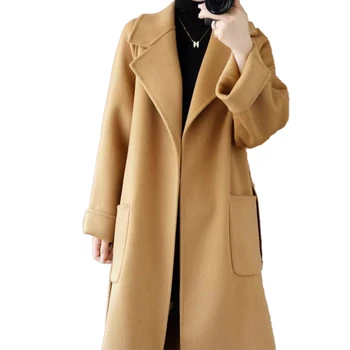 Осенне-зимнее новое элегантное темпераментное высококачественное женское двустороннее однотонное свободное повседневное пальто средней длины с длинными рукавами