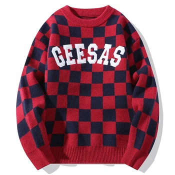 Осенне-зимний мужской свободный повседневный свитер с круглым вырезом, классический свитер в цвет шахматной доски, модная вязаная молодежная футболка
