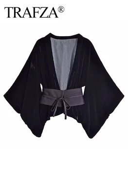 Осенние женские укороченные блузки TRAFZA 2023, черные вельветовые женские винтажные рубашки с V-образным вырезом и длинным рукавом 