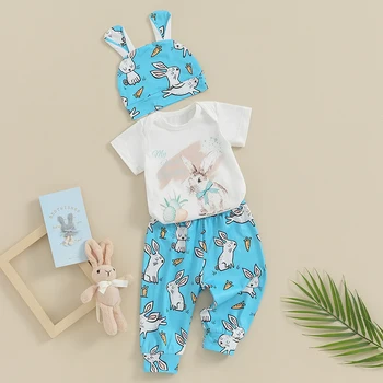 Пасхальный наряд для новорожденных мальчиков и девочек, комбинезон с круглым вырезом и принтом Кролика, Топы, Длинные брюки с эластичной талией, Шапочка с кроликом