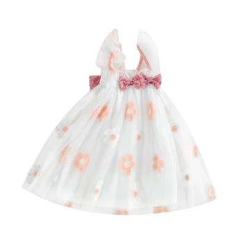 Платье для маленьких девочек с цветочной вышивкой, блестками, бантом, многослойное платье из тюля с длинными рукавами, модное повседневное платье принцессы