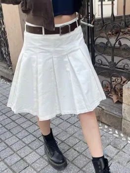 Повседневные Женские Белые однотонные плиссированные юбки 2023 Летние винтажные женские плавки с высокой талией и молнией сзади
