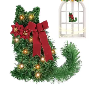 Рождественский венок с подсветкой и светодиодной гирляндой Рождественский венок в форме кошки Рождественский дверной венок для украшения дома и сада